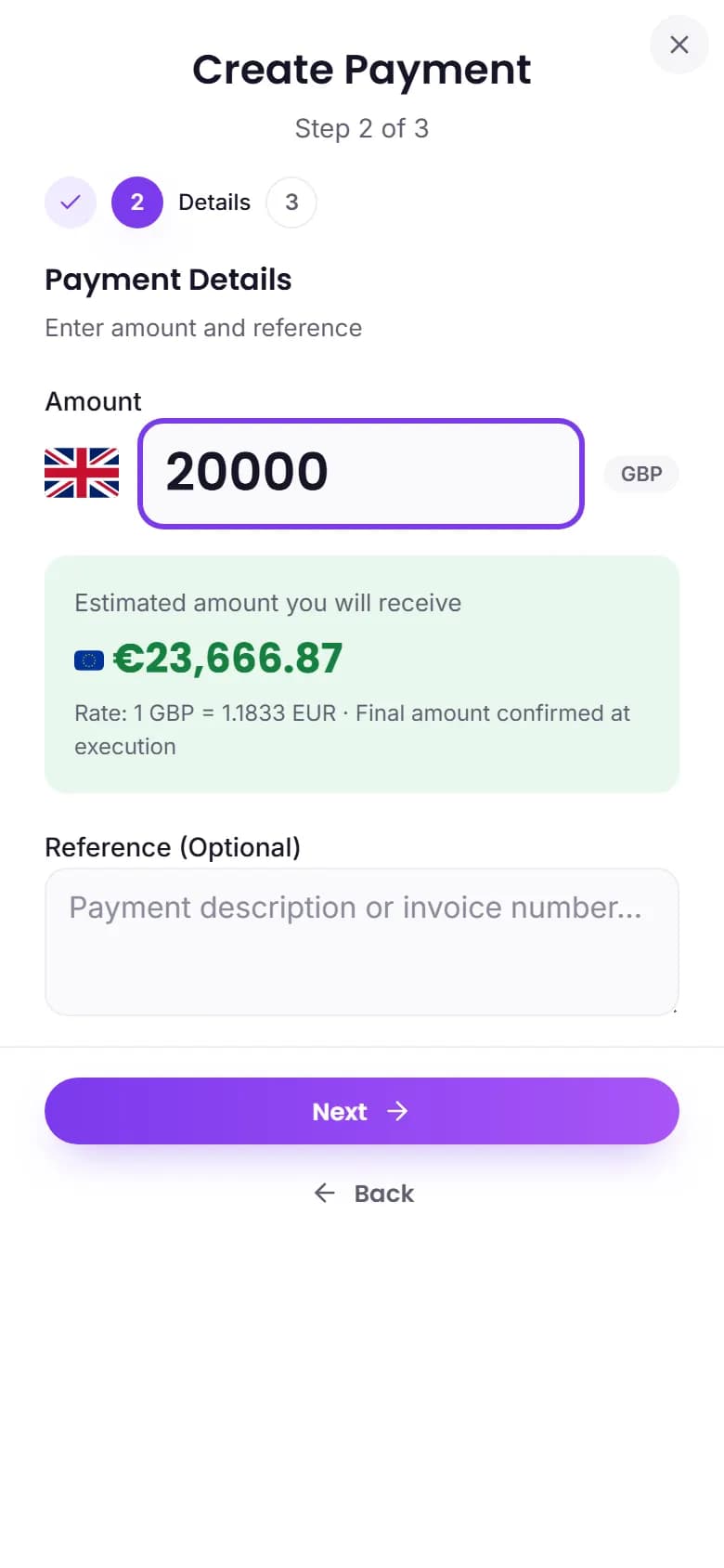 Convert screen of the XBO eMoney app