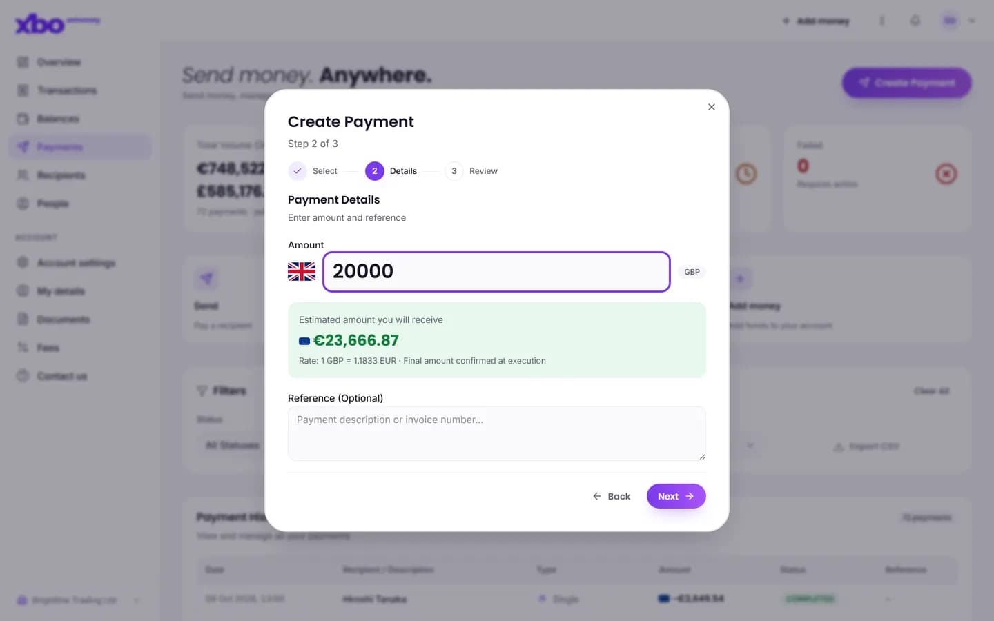 Convert screen of XBO eMoney on the web