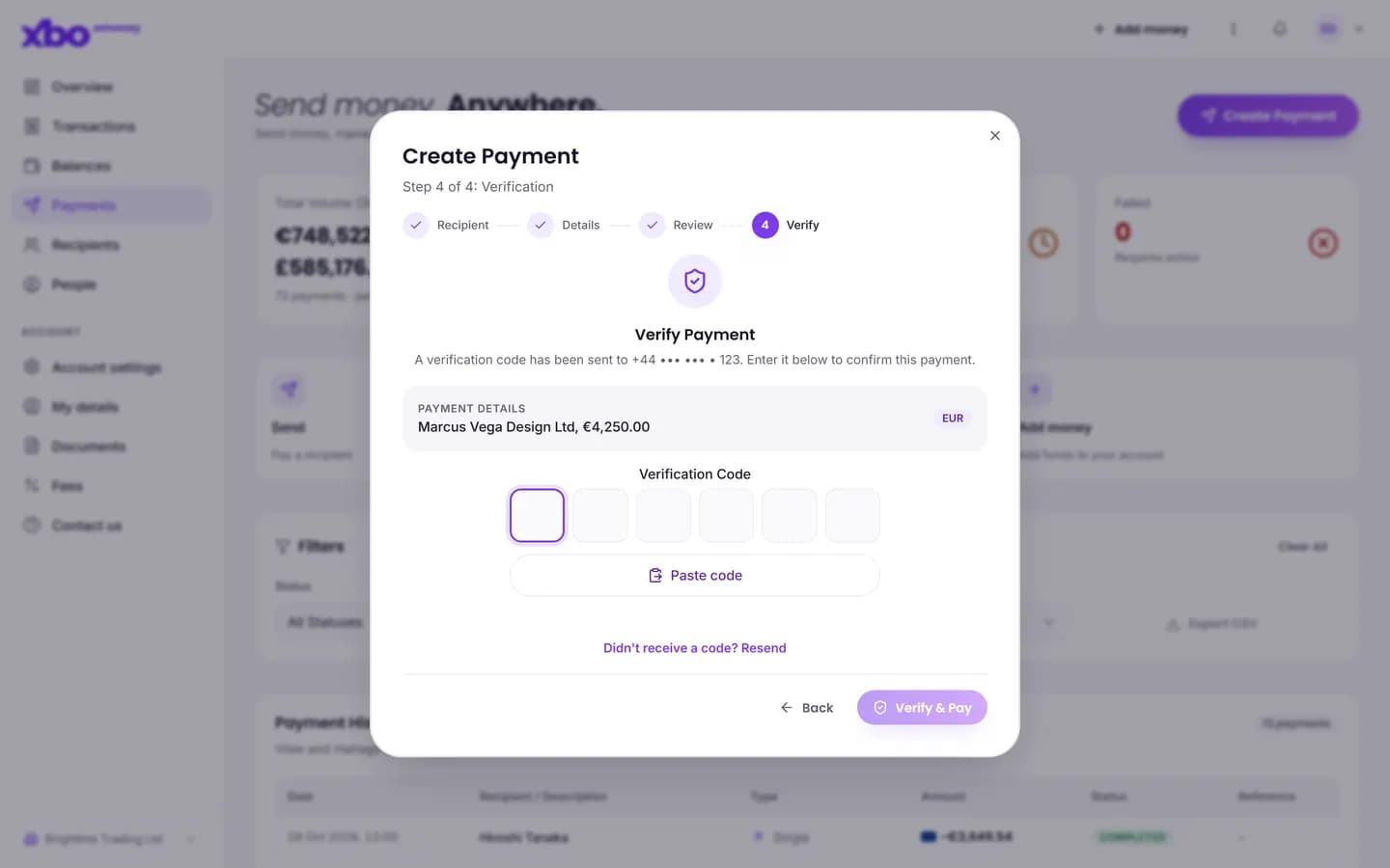 Pay screen of XBO eMoney on the web